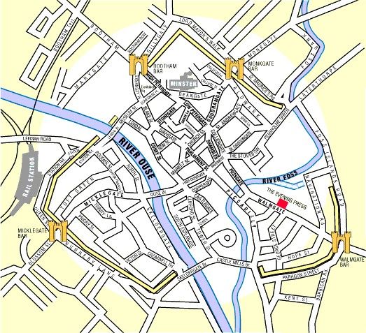 Map of York City centre, showing the entrance gates (bars) and the city 