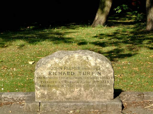 Dick Turpins body was buried a number of times as people kept digging it up. Finally he was buried in quicklime across from St. George's Roman Catholic Church in York near Walmgate Bar.