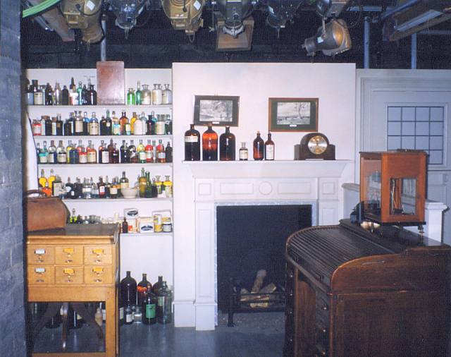 The set for the Dispensary area in the TV series, showing the lighting gantry at the top of the picture