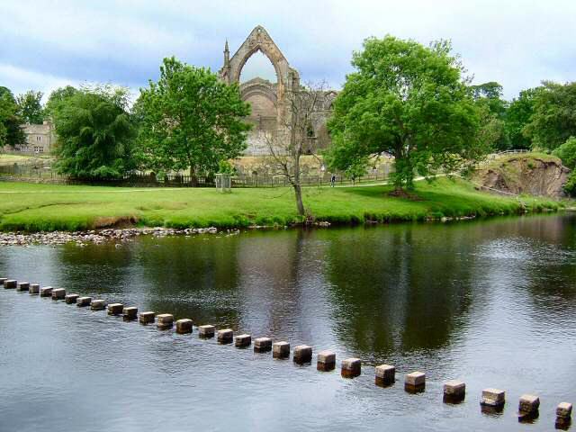 This is the classic view of Bolton Priory taken from the far bank of the River Wharfe, near the stepping stones.